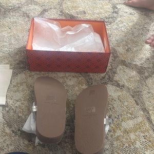 Tory Burch Miller Cloud Mirror Metallic Silver Calf Leather Cork Sandals Sz 7M